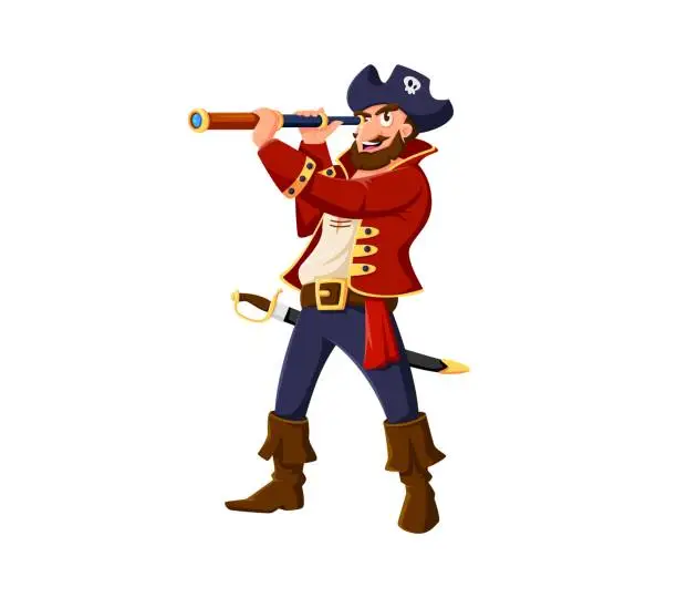 Vector illustration of Cartoon pirate captain character with spyglass