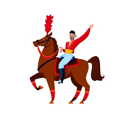 Cartoon circus horse rider dazzles audiences with graceful, acrobatic maneuvers atop galloping horse. Isolated vector fearless big top tent artist display horseback racing tricks and gymnastics skills