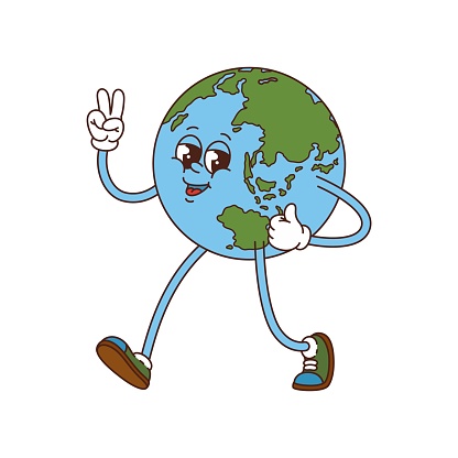 Groovy planet Earth funny cartoon character. Vintage happy solar system planet sticker or cute retro character or groovy cheerful Earth isolated vector mascot, hippie funny personage