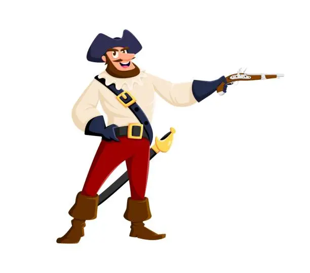 Vector illustration of Cartoon pirate captain character with gun pistol