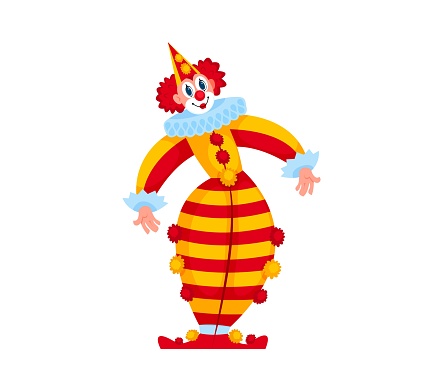 Cartoon circus clown shapito character. isolated vector jester performer, Big top show entertainer in funny costume, wig, makeup and red fake nose. Stage comedian, funnyman, amusement, smiling joker