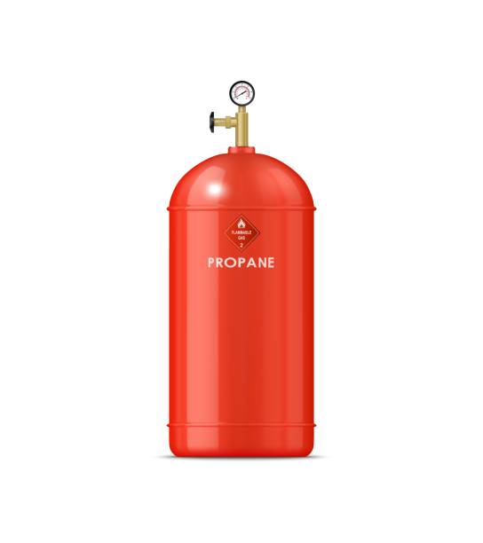 istock Realistic propane gas metal cylinder, red tank 2131524338