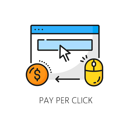 Per click. SERP icon. Search engine result page, search engine result page optimization, SEO audit or website traffic analysis web content ranking symbol with search window, coin and computer mouse