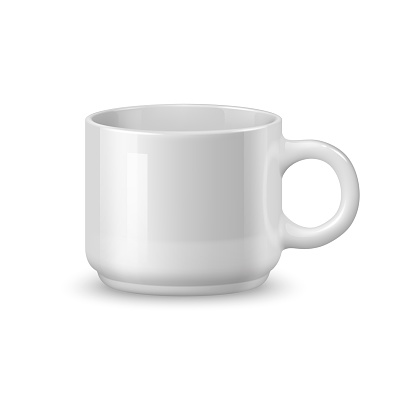 Realistic white ceramic coffee mug and tea cup, tableware mockup. Isolated 3d vector low cylindrical cup with comfortable handle, and a glossy surface. Ideal for branding or personalized presentations