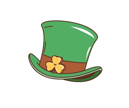 Cartoon retro groovy leprechaun green top hat, saint patrick day holiday accessory. Isolated vector whimsical cap in vibrant emerald hue, adorned with a golden shamrock or clover plant buckle