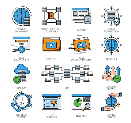 CDN content delivery network icons, digital media distribution service, vector line symbols. CDN or computer and internet technology system icons of web information, search analytics and data server