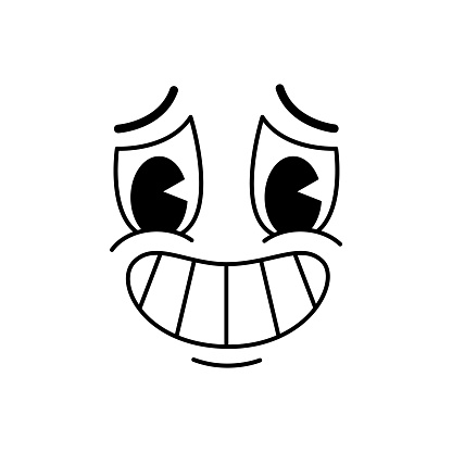 Cartoon funny comic groovy face with guilty smile, emotion and retro cute emoji character. Vector ashamed or hangdog funny facial expression, in fault human feelings, comic oops expression, clumsiness
