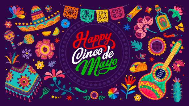 Cinco de Mayo banner, Mexican sombrero and poncho Cinco de Mayo banner with Mexican sombrero and poncho, guitar, tequila and vector papel picado flags. Cinco de Mayo holiday fiesta background with Mexican maracas and burrito in flowers ornament chili pepper border stock illustrations