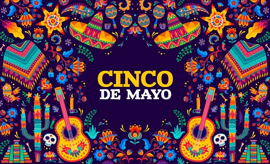 Cinco de mayo Mexican holiday banner. Greeting card with cartoon vector guitars, sombrero, chameleon, flowers and calavera sugar skull. Pyramid, bones, candle and maracas with pinata in alebrije style