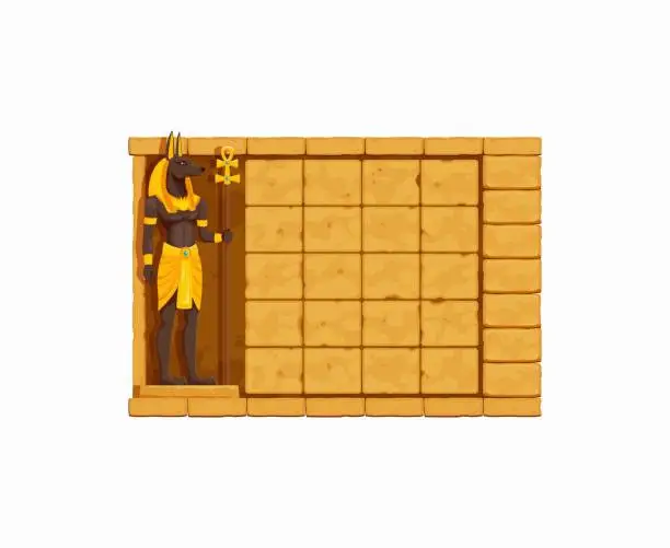 Vector illustration of Arcade game frame Ancient Egypt stone wall, Anubis