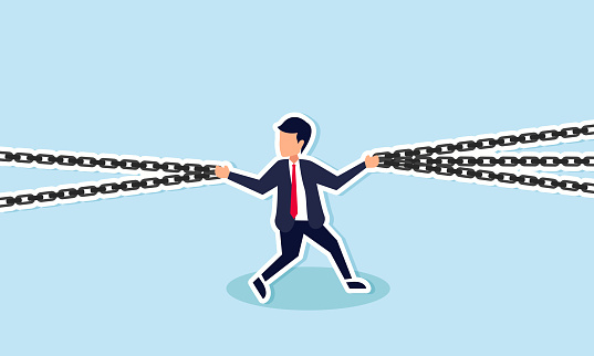 Critical weak link, single point of failure jeopardizing entire system, vulnerable spot to be wary, concept of Businessman struggles to juggle multiple chains to avert potential failure