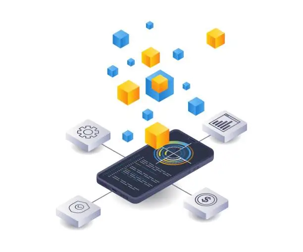 Vector illustration of Smartphone management blockchain network control technology