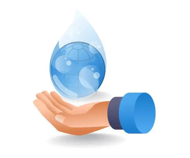 Vector illustration of Spring water falling into hand, flat isometric 3d illustration