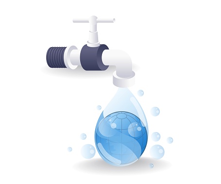 The faucet releases a source of clean water, flat isometric 3d illustration