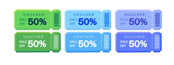 Vector illustration of 3d multicolor coupon promotion illustration set. Coupon set, minimal discount coupon, gift voucher, coupon book. Voucher card isolated on white background. 3d vector illustration.