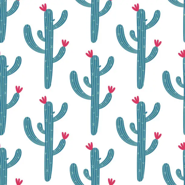 Vector illustration of Cactus seamless vector pattern. A prickly plant with a long green stem, spines, colorful flowers. Desert succulent. Wild Mexican saguaro. Hand drawn botanical doodle. Flat cartoon background for print