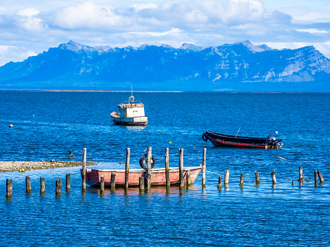 Boats in the bay of Puerto Natales at Chilean Patagonia