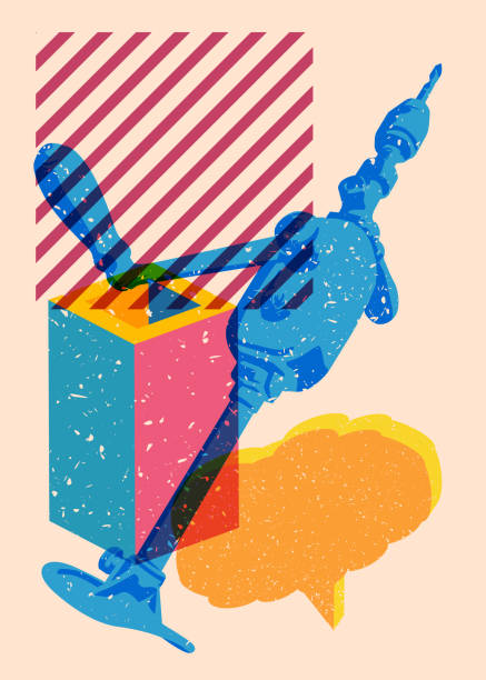 istock Risograph Antique Drill brace with speech bubble with geometric shapes. Metal tool for drilling holes in trendy riso graph print texture style design with geometry elements. 2131626902