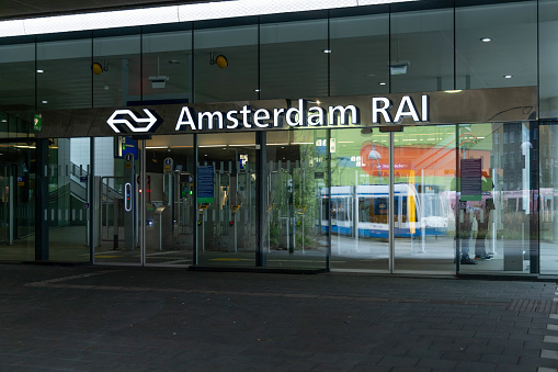 Amsterdam, the Netherlands. 16 March 2024. Amsterdam RAI train and metro station the entrance to the platforms of the trains and subway.