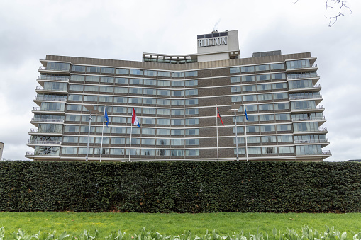 Amsterdam, the Netherlands. 16 March 2024. Hilton hotel building Apollolaan. Hilton is an international hotel and resort chain owned by Hilton Worldwide.