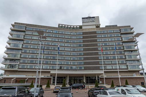 Amsterdam, the Netherlands. 16 March 2024. Hilton hotel building Apollolaan. Hilton is an international hotel and resort chain owned by Hilton Worldwide.