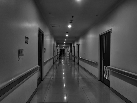 Dark and Empty Hospital hallway. Empty long corridor in lonely quiet building. horror landscape concept.