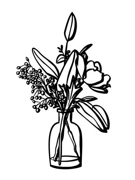 Vector illustration of Still Life Wild Flowers Ink