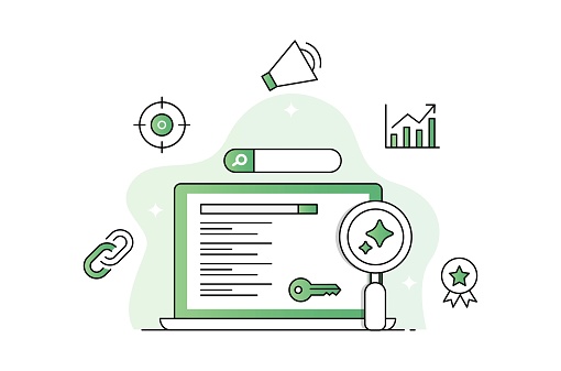 AI Enhanced Keyword Research. Keyword research powered by AI technology, allowing for unparalleled insights, precise targeting, and strategic optimization. Editable Stroke Green Line Illustration.