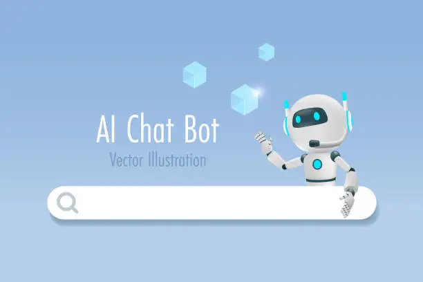 Vector illustration of AI chat robot with digital searching bar. AI robotics and chatbot innovation technology provide smart information and solution in research and development. 3D vector.