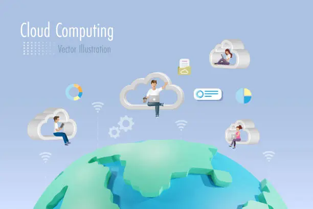 Vector illustration of Cloud computing, global wireless technology. Group of people working and sharing digital folder and files data between computer and smartphone via cloud computing network on world. Vector.