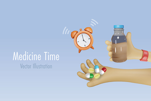 On time taking medicine pills reminder. Hand holding medicine pill and water bottle with alarm clock. To remind patient to take pills on time. Medical and health care. 3D vector.