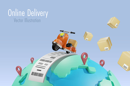 Online delivery shipping service. Driving scooter delivers shipment box on bill receipt on globe. Online shopping, delivery and worldwide freight distribution shipment. 3D vector.