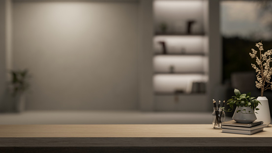 A space for display products on a wooden tabletop with accessories in a modern living room at night with a dim light. home workspace close-up image. 3d render, 3d illustration