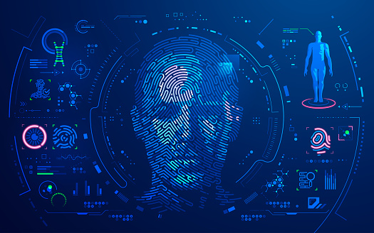 concept of digital forensic or biometrics, graphic of man face combined with fingerfrint pattern and futuristic interface