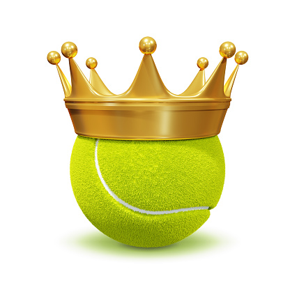 Tennis ball in golden royal crown. Concept of success in tennis sport. 3d-rendering