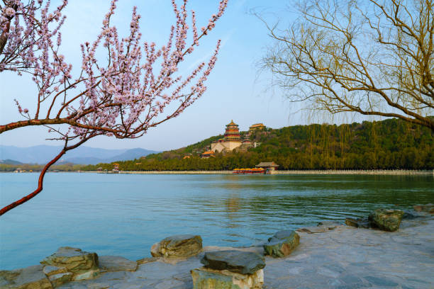 The spring is coming. And the Summer Palace in Beijing, China demonstrates a refreshing scenery with sprouting willows and blooming peach trees. In combination with calming water of Kunming Lake, it shows the traditional Chinese beauty.
