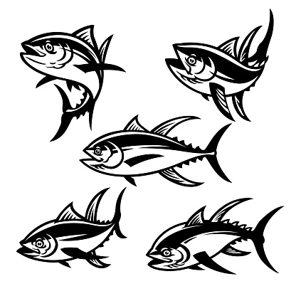 Vector Set of Tuna Fish Mascot Cartoon Black and White