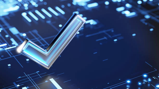 istock Check mark symbol. 3d glossy icon on abstract futuristic background. Success, solution, electronic voting concept. 3d render 2131789945