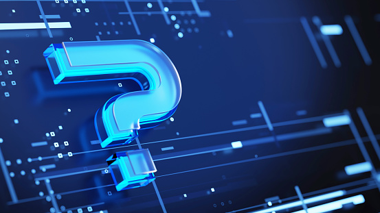 Question mark 3d sign on abstract digital background. Technology survey, search of solution concept