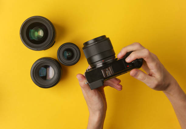 Hands holding a modern mirrorless camera with lenses on yellow background