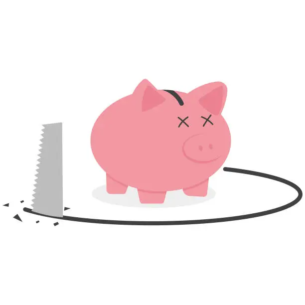 Vector illustration of Transparent piggy bank being sawed underneath the floor to steal euro money. Financial mistake, investment risk and euro money loss in economic crisis or robbery and fraud concept.