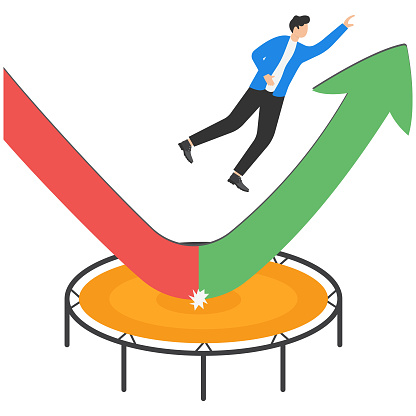 Businessmen jump high on trampoline with green rising up performance arrow graph. Stock market rebound, overcome business downfall and grow profit or leadership and achievement concept.