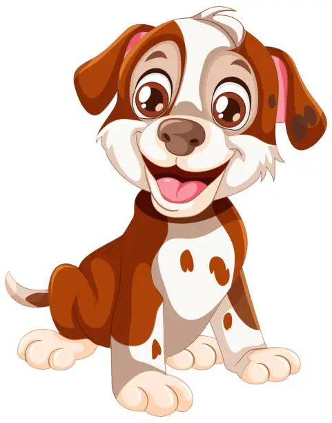 Vector illustration of A cheerful, brown and white cartoon puppy smiling.