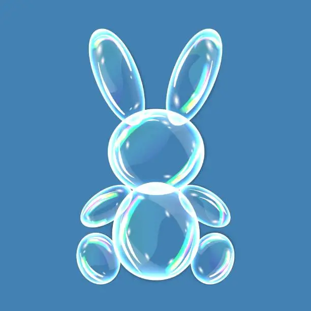 Vector illustration of Soap bubbles, water drops in hare shape with shadows on blue background. Vector illustration with water drops.