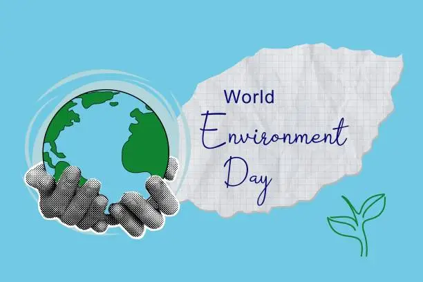 Vector illustration of World Environment Day banner. Modern collage with halftone hands and planet Earth. A sheet of paper in the shape of a leaf. We protect the Earth with human hands. Earth Day.