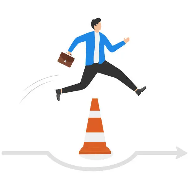 Vector illustration of Businessmen and businesswoman run the way around and jump past traffic pylon roadblock. Overcome business obstacle, blocker, effort to break through road block, solution to solve business problem