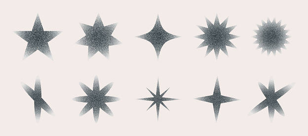 Black dot Grain Texture different stars shapes set. Stippling, dotwork pattern oval form. Vintage y2k style element for design. Fading gradient. Vector illustration
