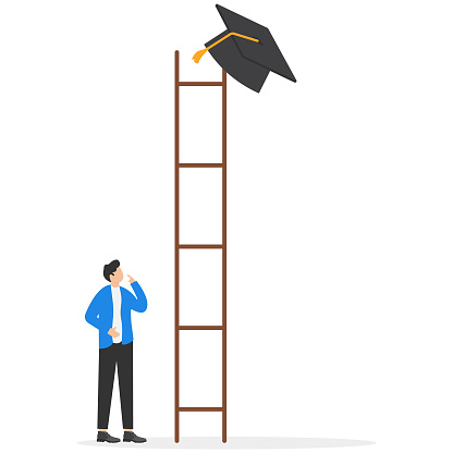 Poor man with too short a ladder to climb a high graduation mortar board on the cloud. Education cost, expensive school or university cost, education gap or scholarship opportunity.