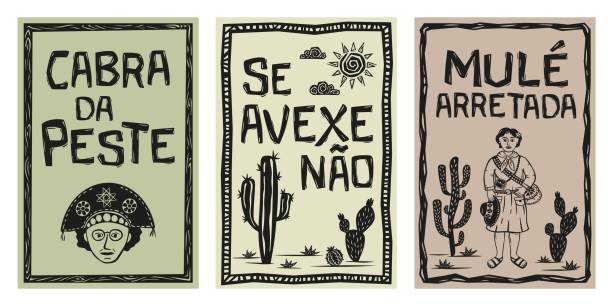 set of typical expression from the brazilian northeast, besta é tu, se avexe não, mulher arretada. woodcut vector illustration in brazilian cordel style. - mulher stock illustrations