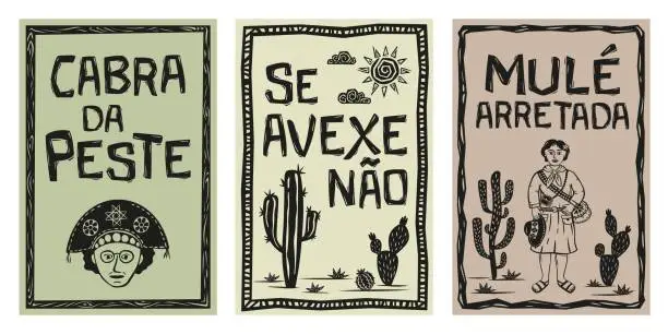 Vector illustration of Set of typical expression from the Brazilian northeast, Besta é tu, Se avexe não, Mulher arretada. Woodcut vector illustration in Brazilian cordel style.